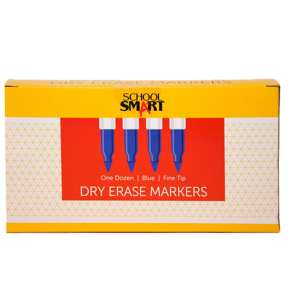 School Smart Dry Erase Pen Style Markers, Fine Tip, Blue, Pack of 12 1593101